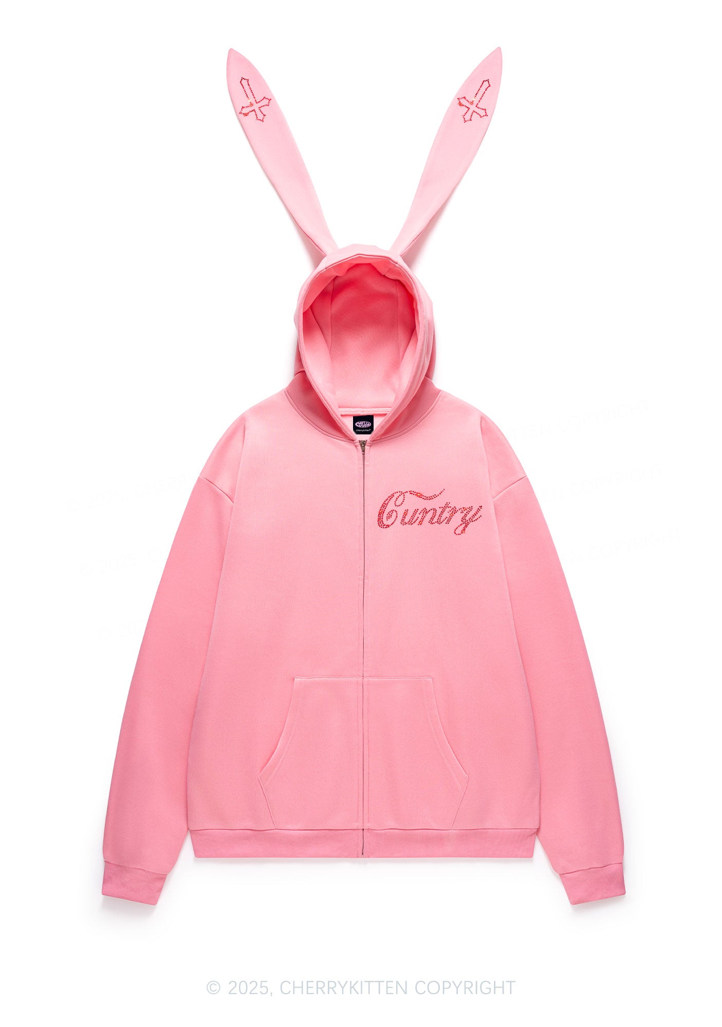 Rhinestone Cuntry Cross Y2K Bunny Ear Zip Hoodie Cherrykitten