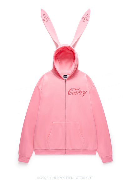 Rhinestone Cuntry Cross Y2K Bunny Ear Zip Hoodie Cherrykitten