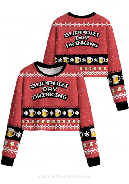 Support Day Drinking Y2K Christmas Crop Knit Sweatshirt Cherrykitten