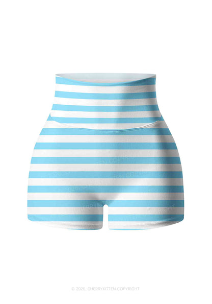 Blue And White Stripes Y2K Print Yoga Shorts Cherrykitten