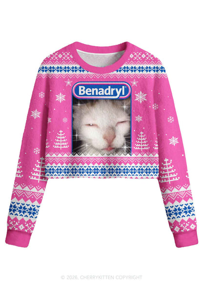 Sleepy Cat Y2K Crop Knit Sweatshirt Cherrykitten