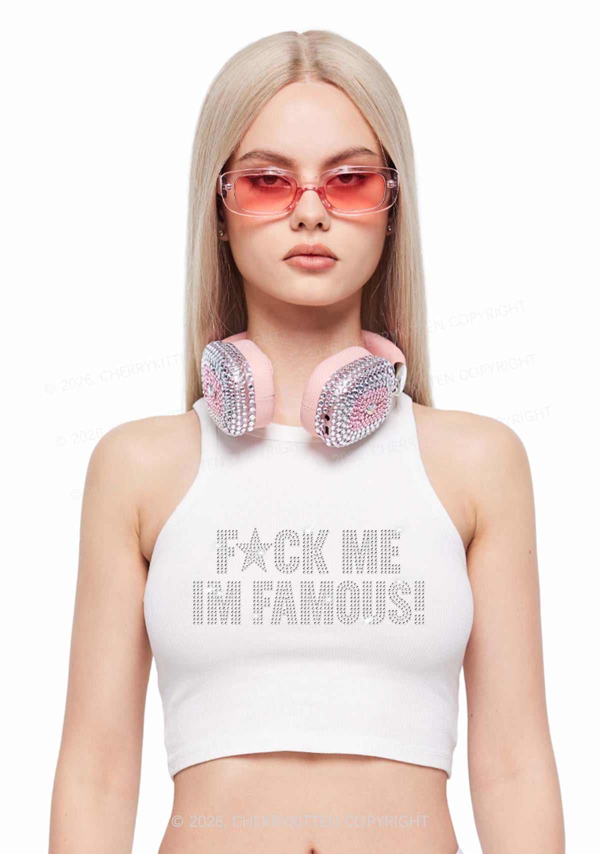 Rhinestone Fxxk Me Im Famous Y2K Crop Tank Top Cherrykitten