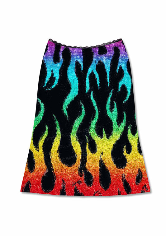 Rainbow Flame Pride Y2K Print Midi Skirt Cherrykitten