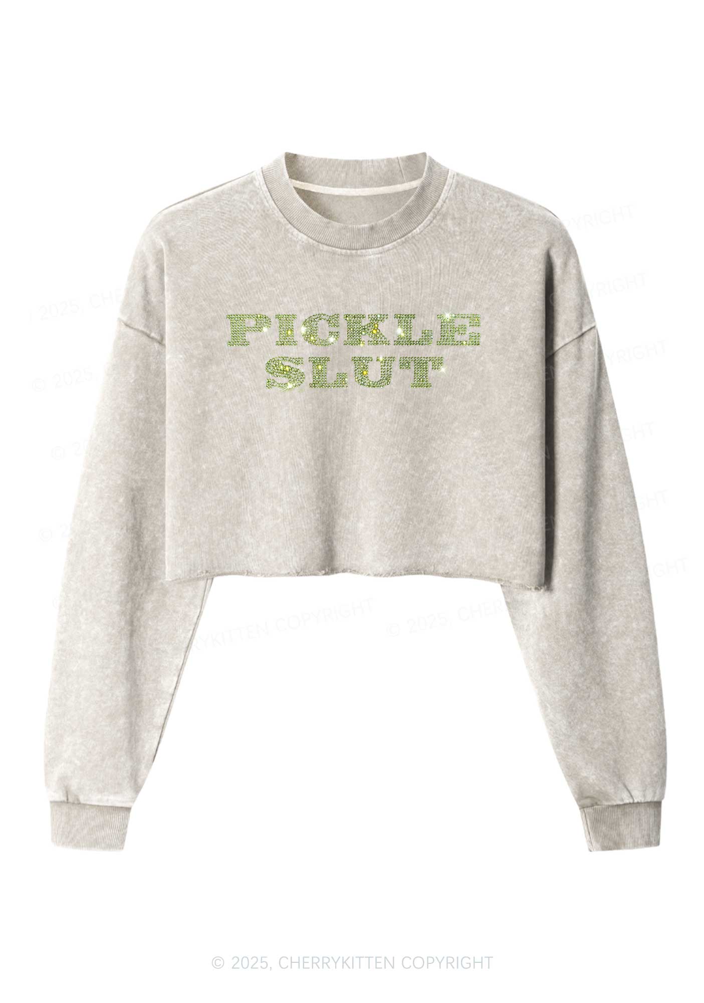 Rhinestone Pickle Slxt Y2K Crop Washed Sweatshirts Cherrykitten