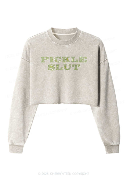 Rhinestone Pickle Slxt Y2K Crop Washed Sweatshirts Cherrykitten