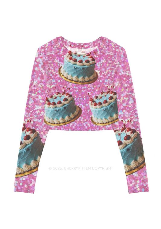 Cherry Cakes Y2K Mesh Long Sleeve Crop Top Cherrykitten