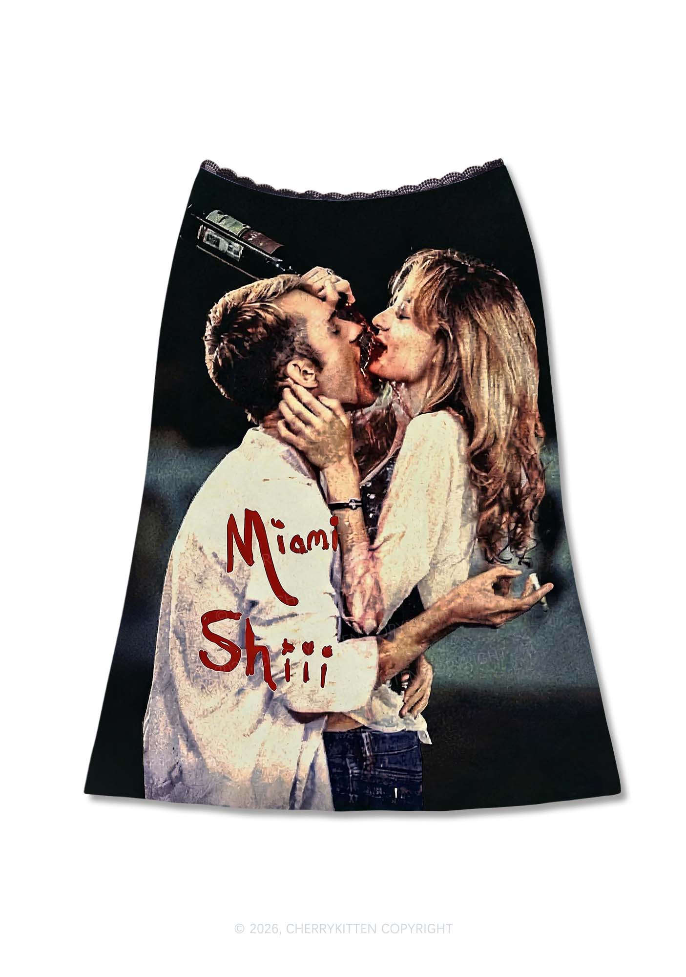 Vintage Grunge Kissing Couple Y2K Print Midi Skirt Cherrykitten