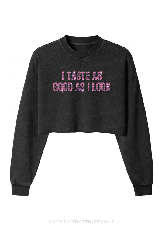 Rhinestone Taste Good Y2K Crop Washed Sweatshirts Cherrykitten