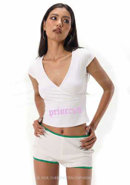 Rhinestone Pink Princess Y2K Wrap V Neck T Shirts Cherrykitten