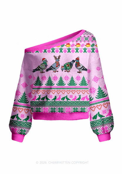 Christmas Pigeon Y2K Off Shoulder Knit Sweatshirt Cherrykitten