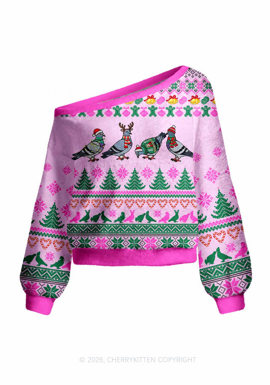Christmas Pigeon Y2K Off Shoulder Knit Sweatshirt Cherrykitten