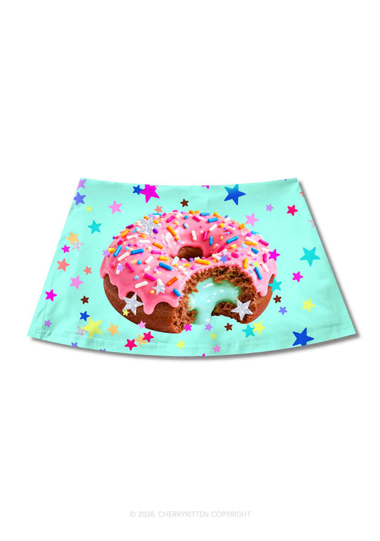 Pink Donut On Mint Green Y2K Print Mini Skirt Cherrykitten