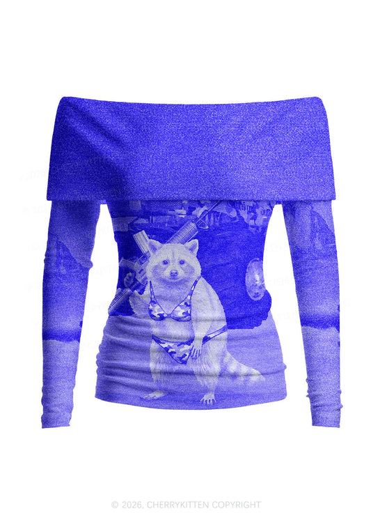 Blue Camouflage Bikini Raccoon Y2K Off Shoulder Fold Over Knit Top Cherrykitten