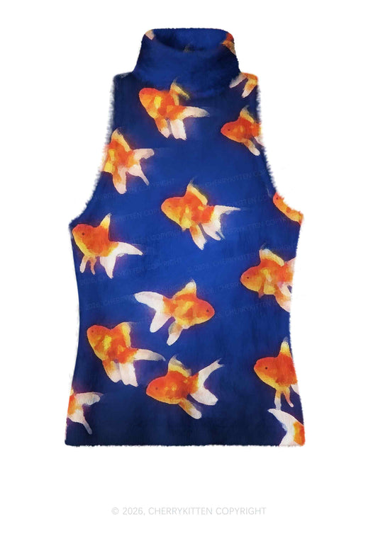 Goldfish On Blue Y2K Knit Turtleneck Tank Top Cherrykitten