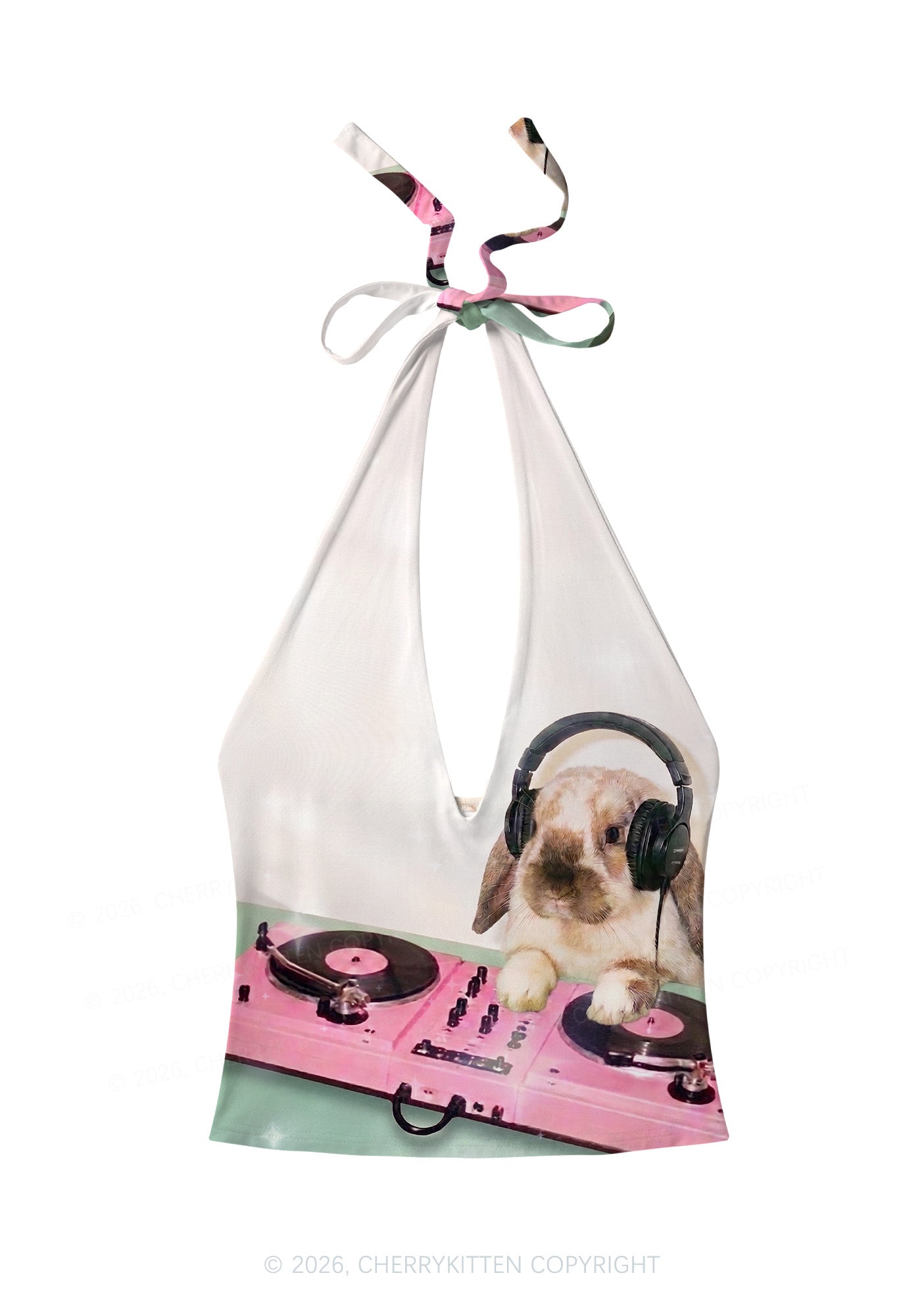 Lop Eared Bunny DJ Y2K Print Halter Deep V Neck Cami Cherrykitten