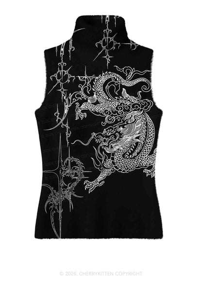 Halloween White Dragon On Black Y2K Knit Turtleneck Tank Top Cherrykitten