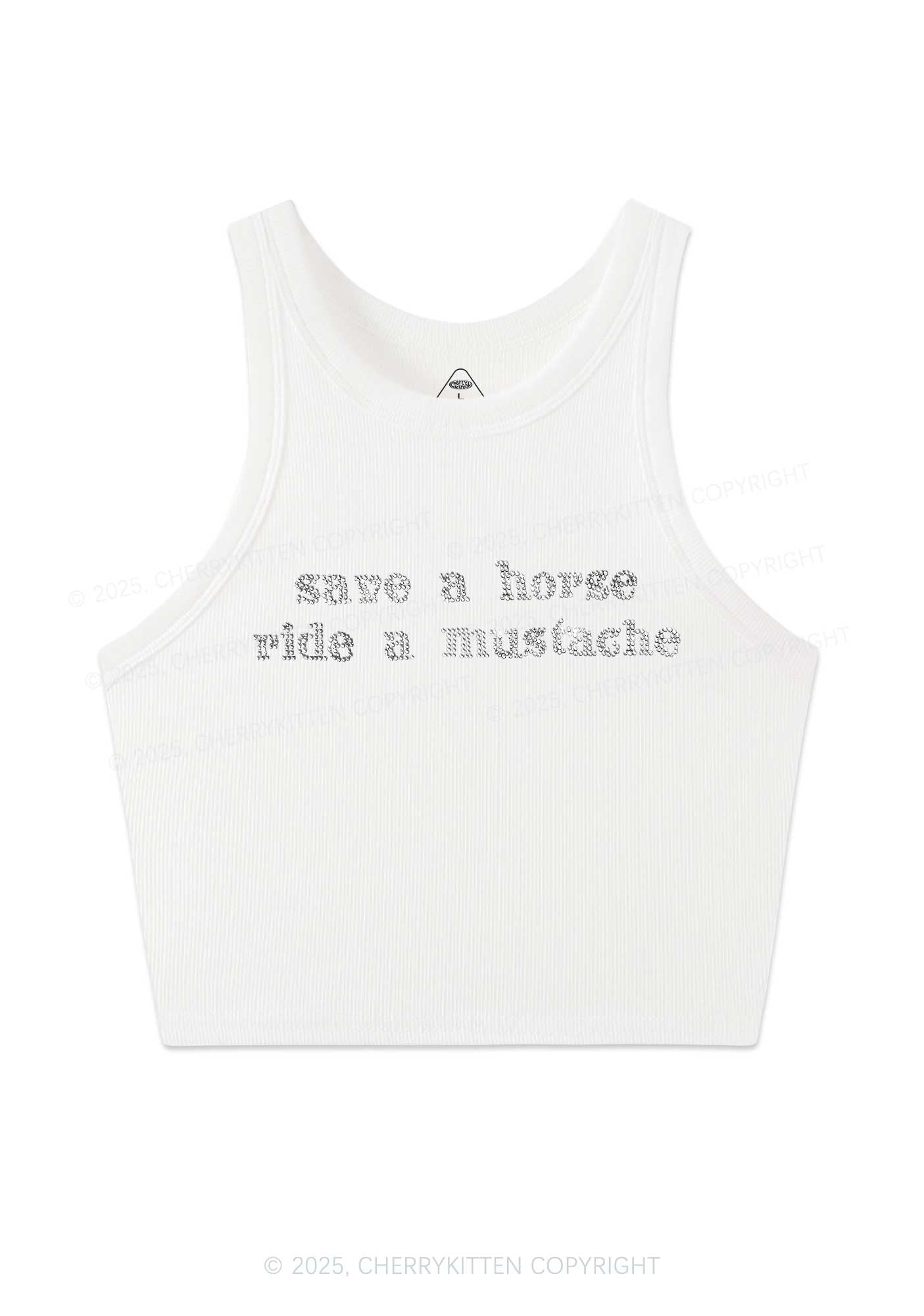 Rhinestone Ride A Mustache Y2K Crop Tank Top Cherrykitten