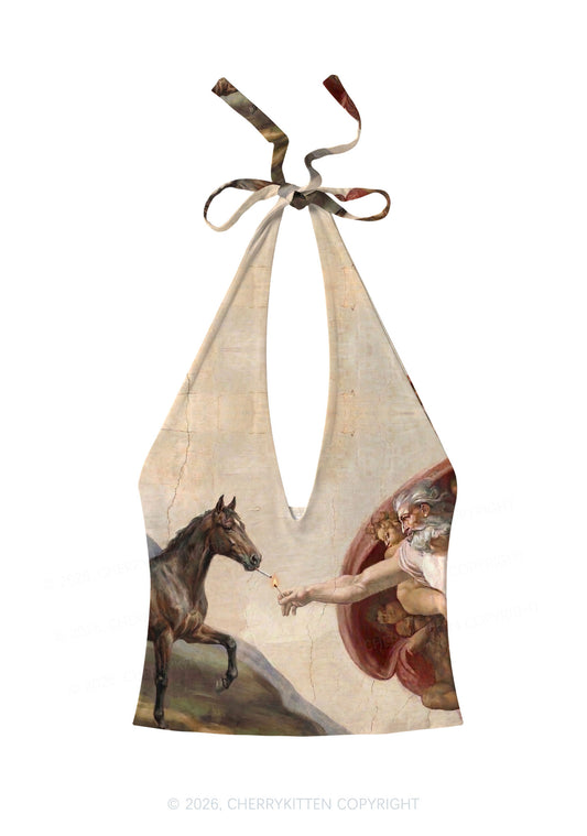 God Smoking Horse Y2K Print Halter Deep V Neck Cami Cherrykitten