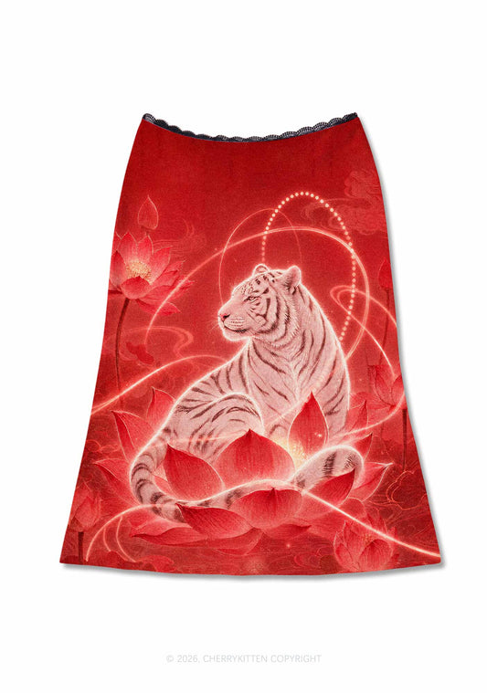 White Tiger Red Lotus Y2K Print Midi Skirt Cherrykitten