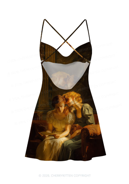 Two Women Reading Letter Pride Y2K Print Satin Cowl Neck Slip Dress Cherrykitten