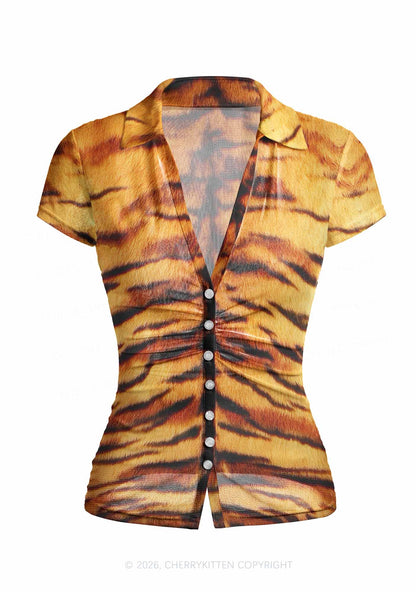 Wild Tiger Texture Y2K Mesh Ruched  Waist  V Neck Top Cherrykitten