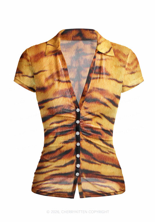 Wild Tiger Texture Y2K Mesh Ruched  Waist  V Neck Top Cherrykitten