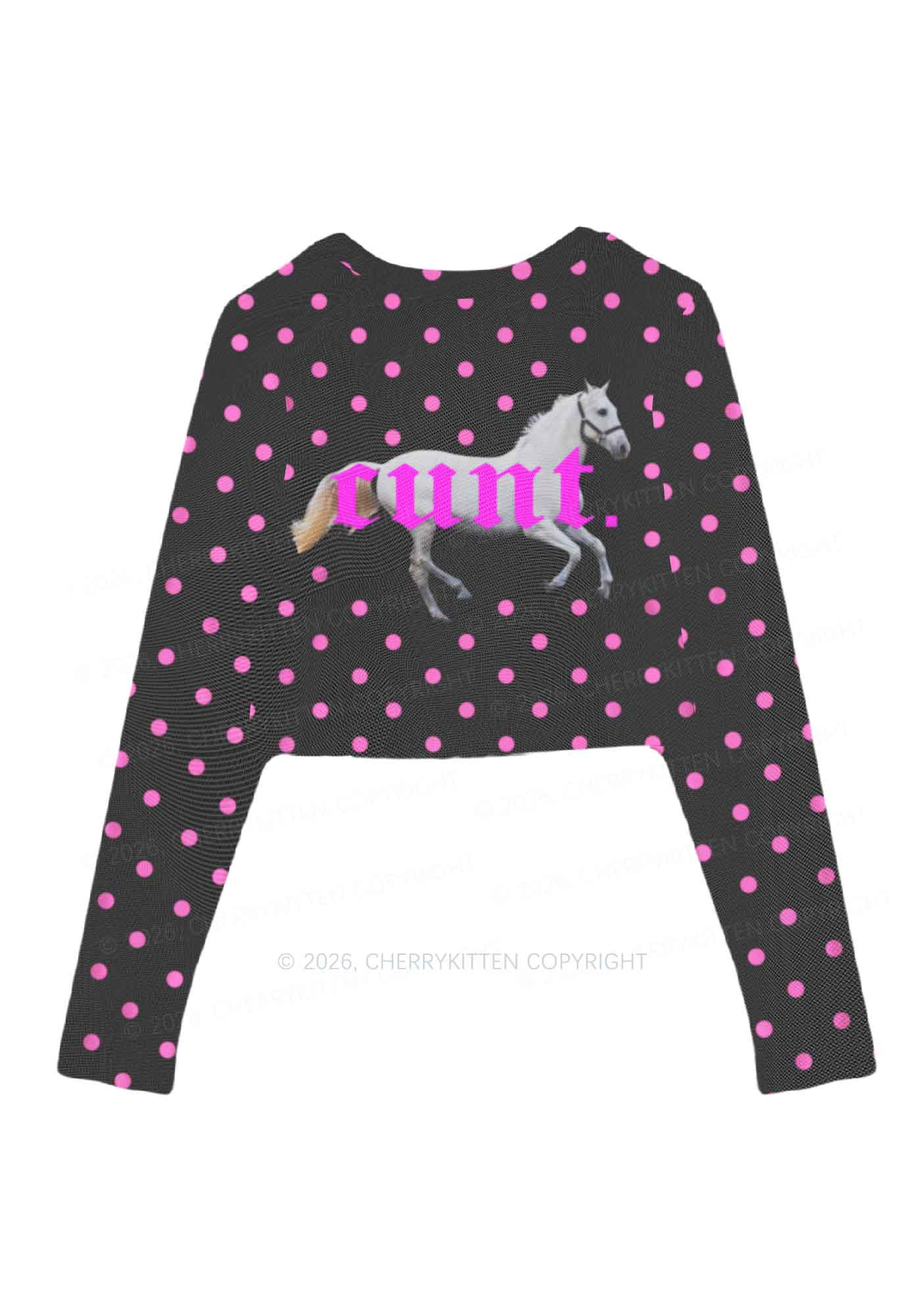 Pink Cxxt Horse Y2K Mesh Long Sleeve Crop Top Cherrykitten
