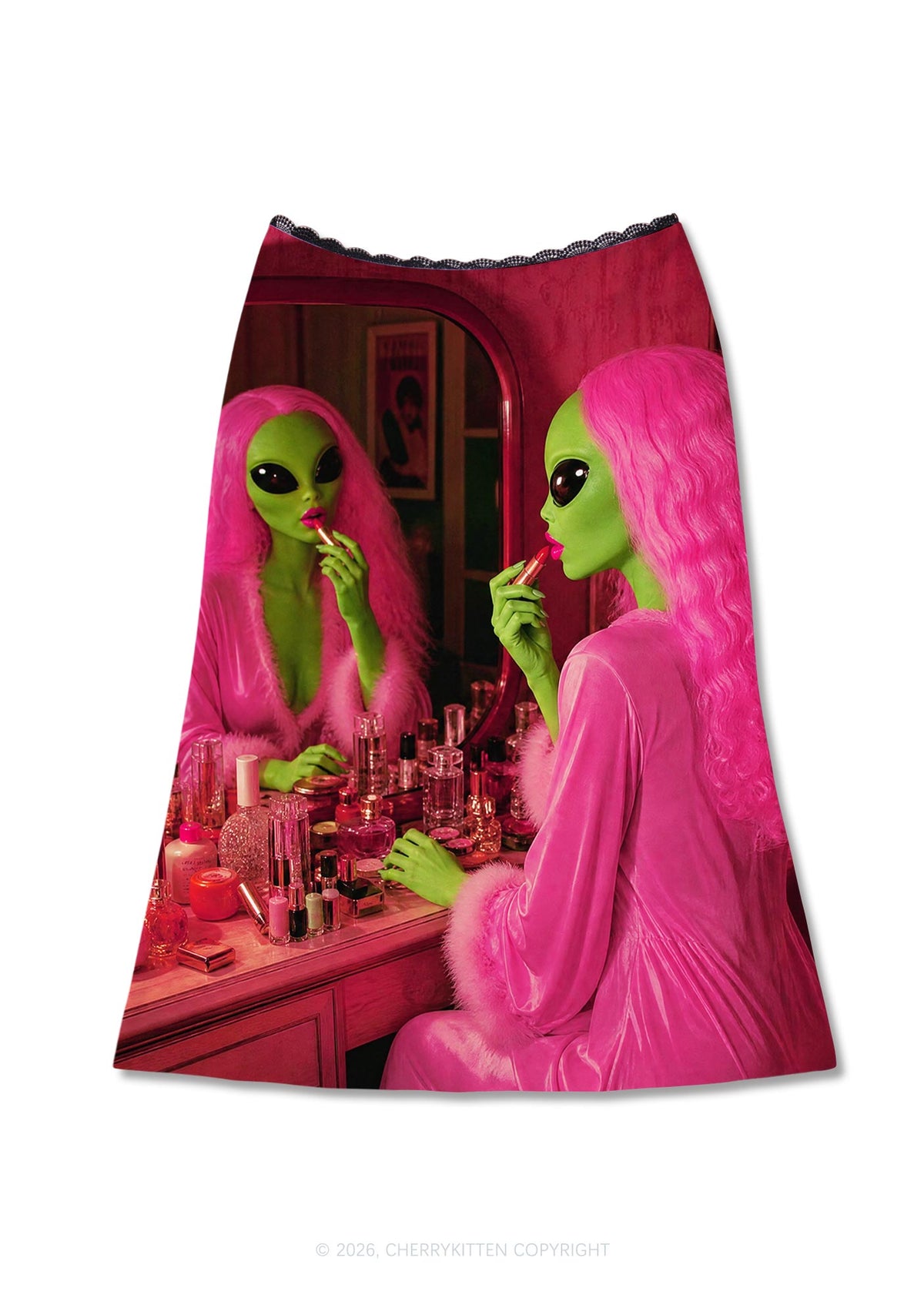 Pink Wig Makeup Alien Y2K Print Midi Skirt Cherrykitten