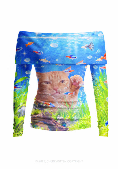 Cat Inside Aquarium Y2K Off Shoulder Fold Over Knit Top Cherrykitten