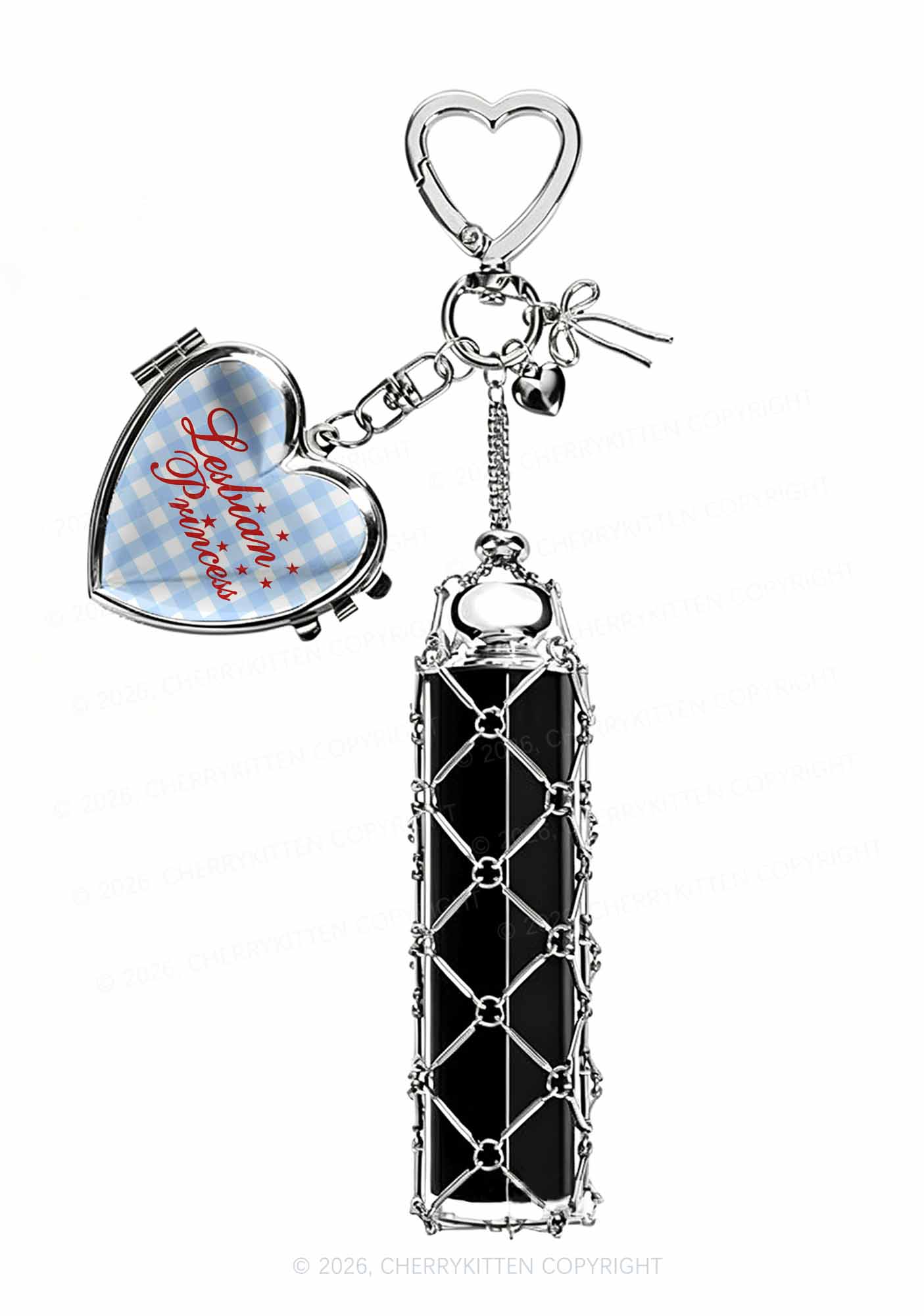 Lesbian Princess Blue Plaid Pride 1pc Y2K Metal Mesh Lipstick Holder Keychain With Mirror Cherrykitten