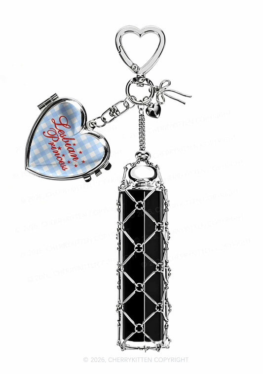 Lesbian Princess Blue Plaid Pride 1pc Y2K Metal Mesh Lipstick Holder Keychain With Mirror Cherrykitten