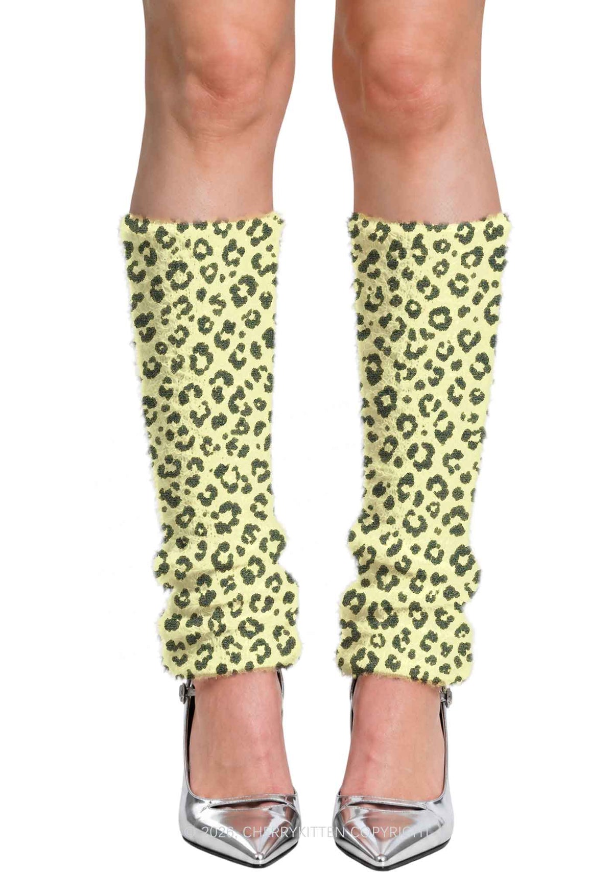 Light Yellow Leopard Y2K Print Fuzzy Straight Leg Warmers Cherrykitten