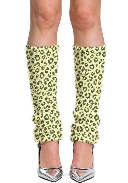 Light Yellow Leopard Y2K Print Fuzzy Straight Leg Warmers Cherrykitten