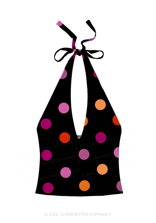 Lesbian Dots Pride Y2K Print Halter Deep V Neck Cami Cherrykitten