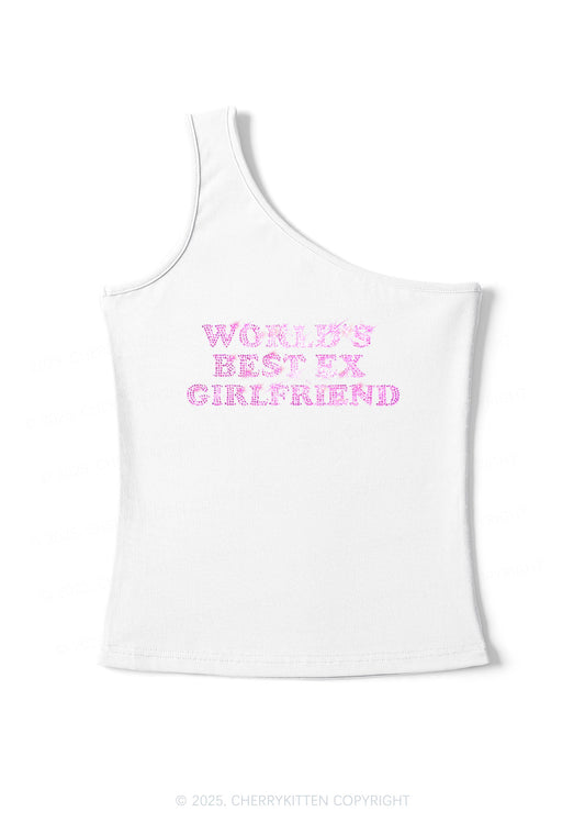 Rhinestone Best Ex Girlfriend Y2K One Shoulder Tank Top Cherrykitten