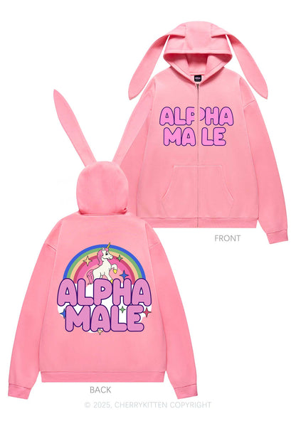 Rainbow Unicorn Alpha Male Y2K Bunny Ear Zip Hoodie Cherrykitten