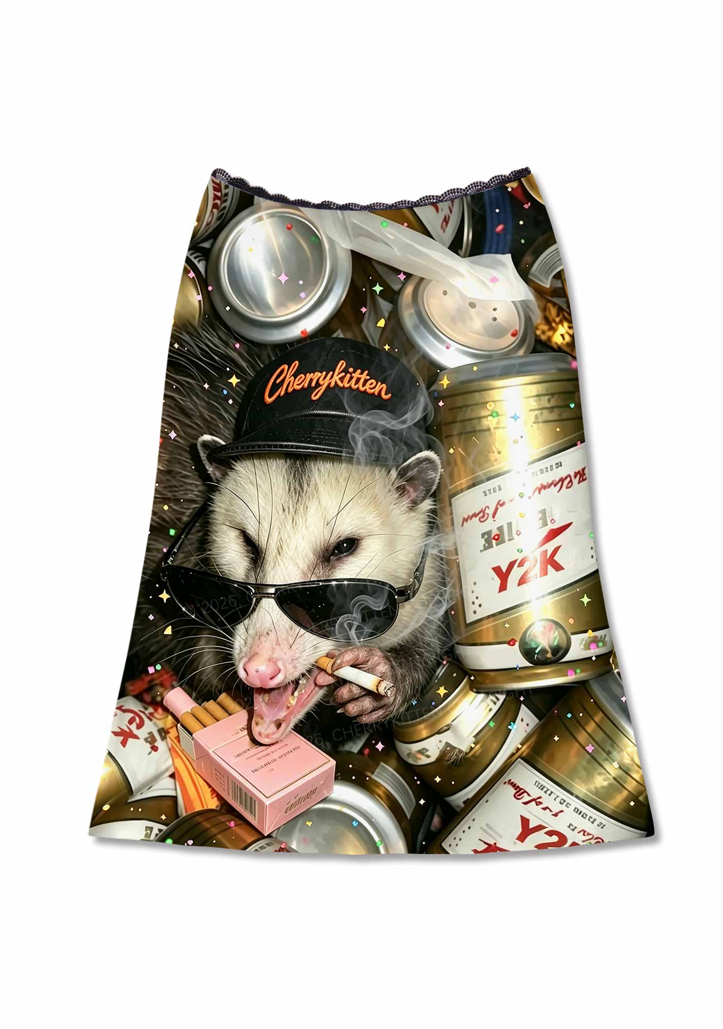 Smoking Opossum Y2K Print Midi Skirt Cherrykitten