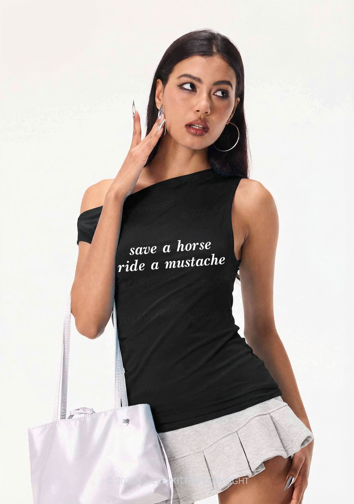 Ride A Mustache Y2K Off Shoulder Tank Top Cherrykitten