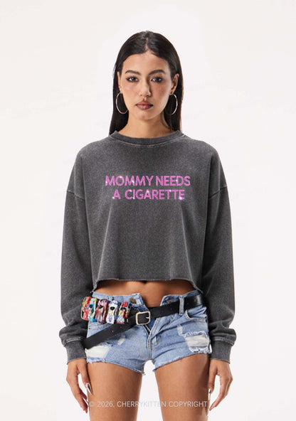 Rhinestone Mommy Needs Cigarette Y2K Crop Washed Sweatshirts Cherrykitten