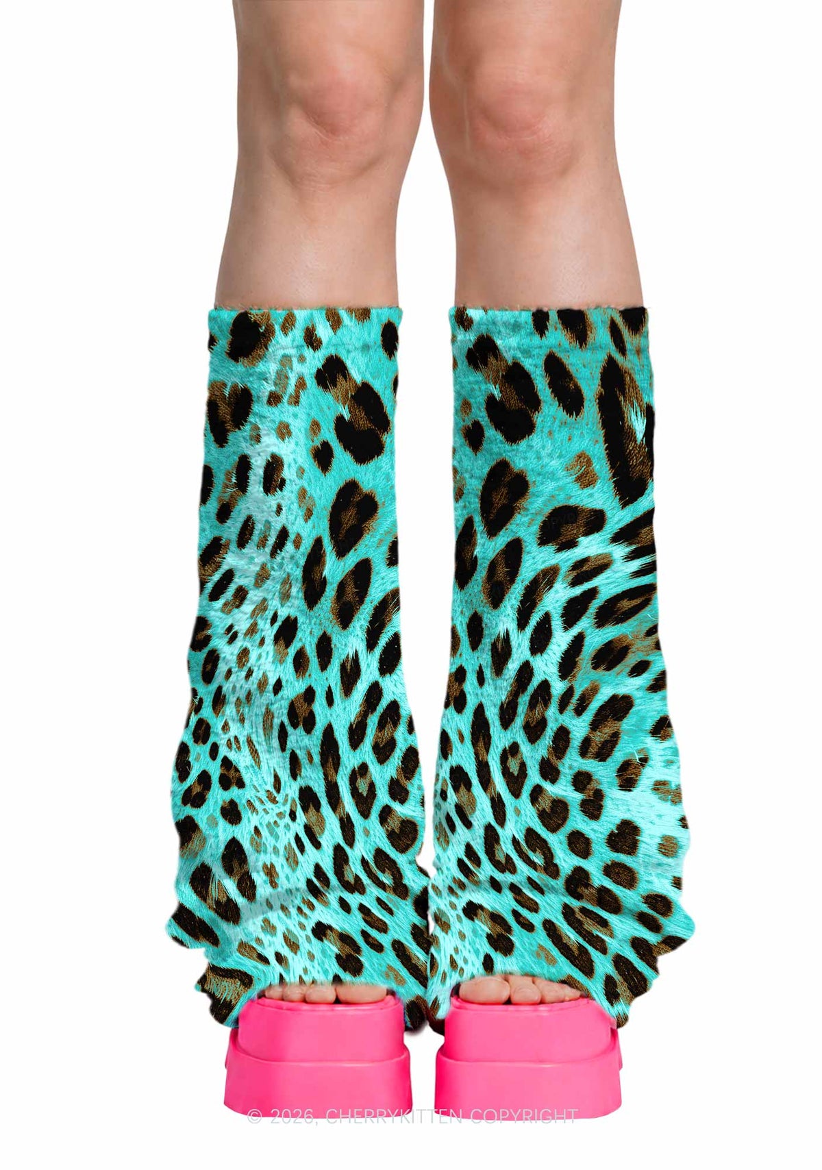 Mint Blue Leopard Y2K Print Fuzzy Flared Leg Warmers Cherrykitten