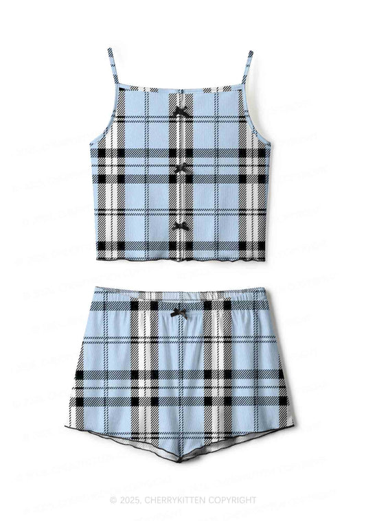 Light Blue Plaid Y2K Print Cami Shorts Pajama Set Cherrykitten