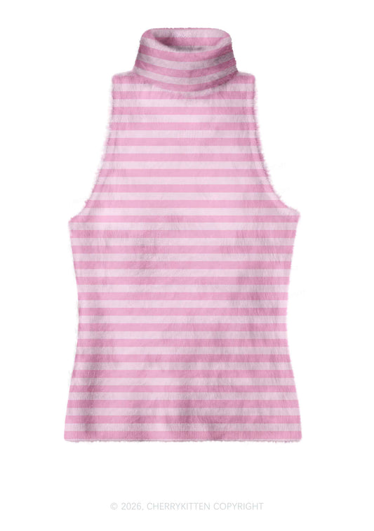 Hot Pink White Stripes Y2K Knit Turtleneck Tank Top Cherrykitten