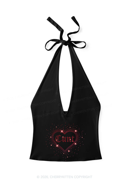 Rhinestone Love Cxxt Y2K Halter Deep V Neck Cami Cherrykitten