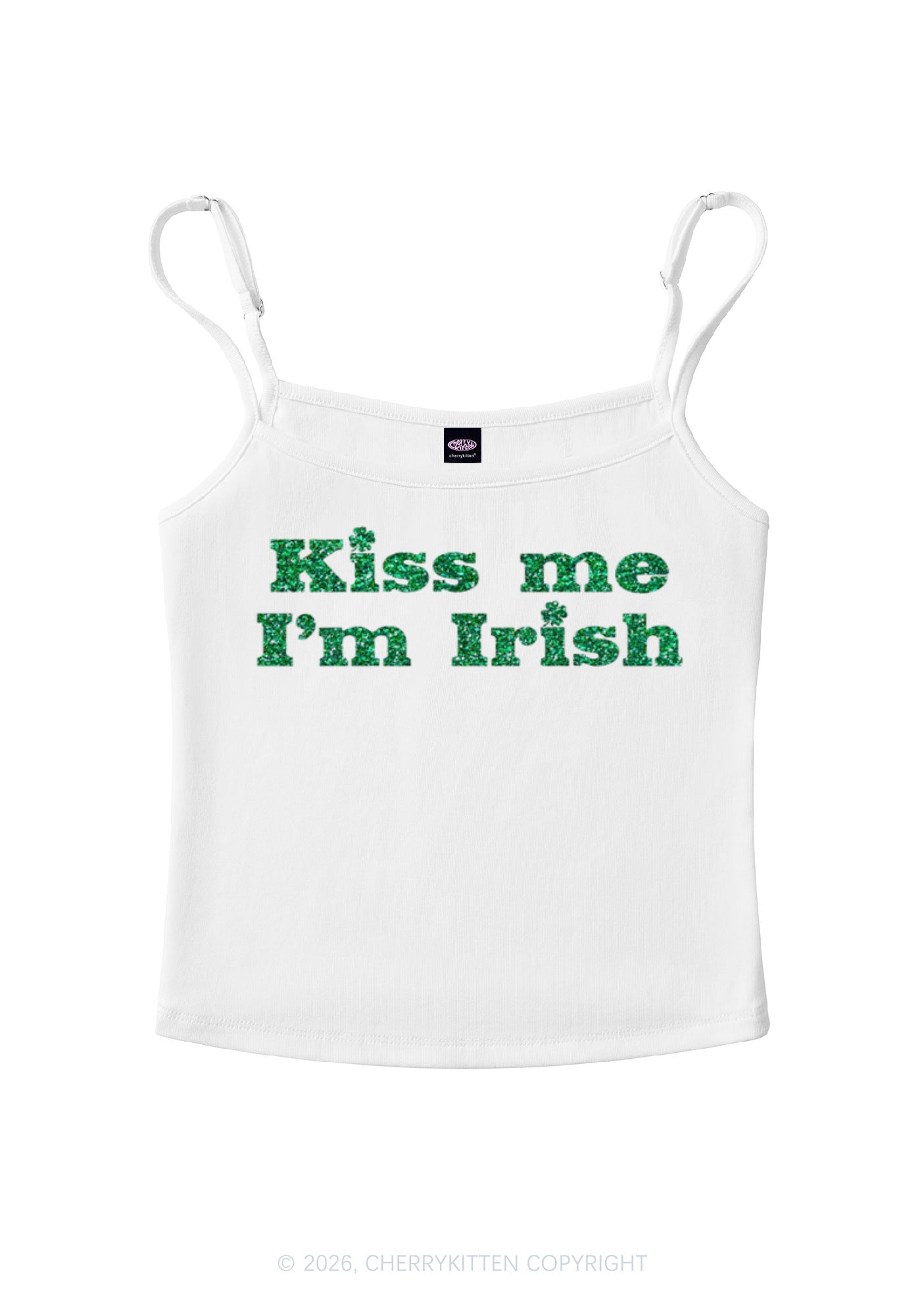 Glitter Kiss Me St Patricks Y2K Spaghetti Strap Cami Cherrykitten