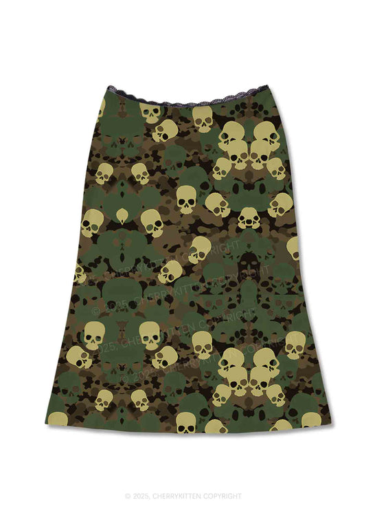 Halloween Camouflage Skull Y2K Print Midi Skirt Cherrykitten