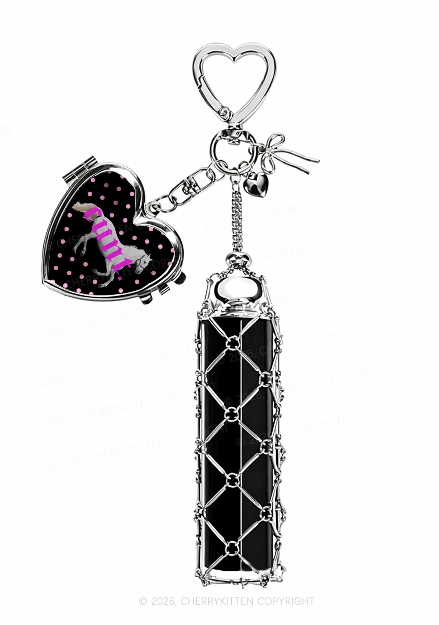 Pink Cxxt Horse 1pc Y2K Metal Mesh Lipstick Holder Keychain With Mirror Cherrykitten