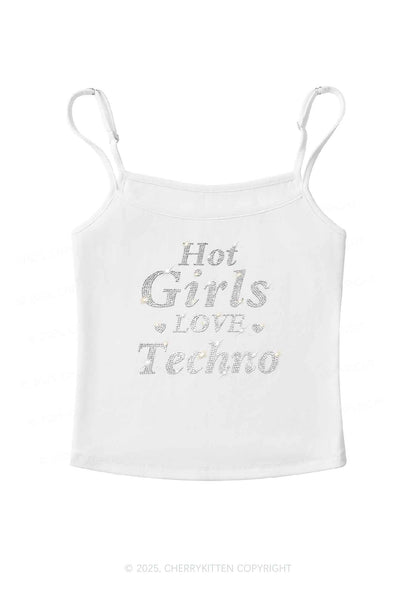 Rhinestone Hot Girls Love Techno Y2K Spaghetti Strap Cami Cherrykitten
