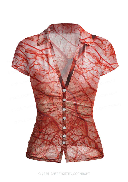 Halloween Red Blood Vessel Y2K Mesh Ruched Waist V Neck Top Cherrykitten