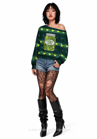 Green Pickle Slxt Y2K Off Shoulder Knit Sweatshirt Cherrykitten