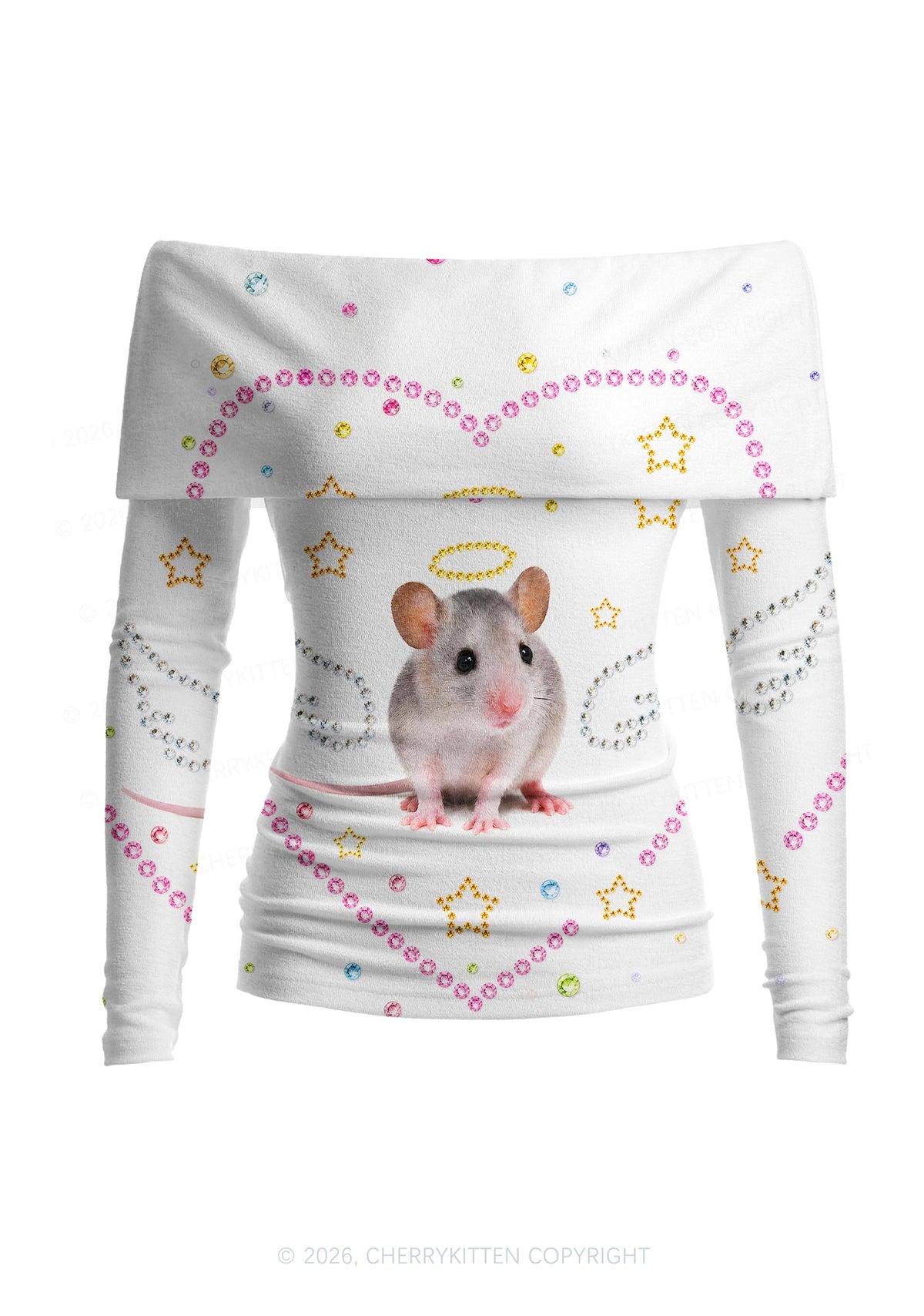 Rhinestone Angel Rat Y2K Off Shoulder Fold Over Knit Top Cherrykitten